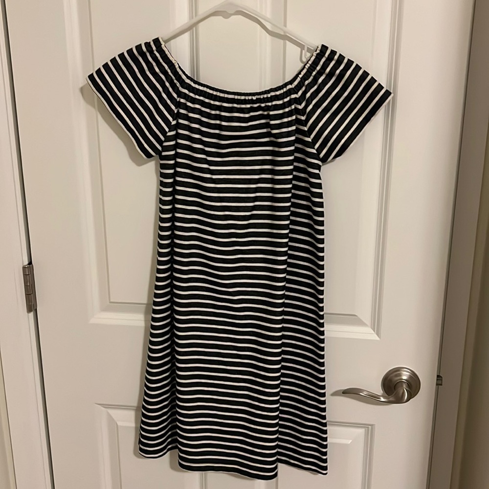 MADEWELL off the shoulder navy stripe dress